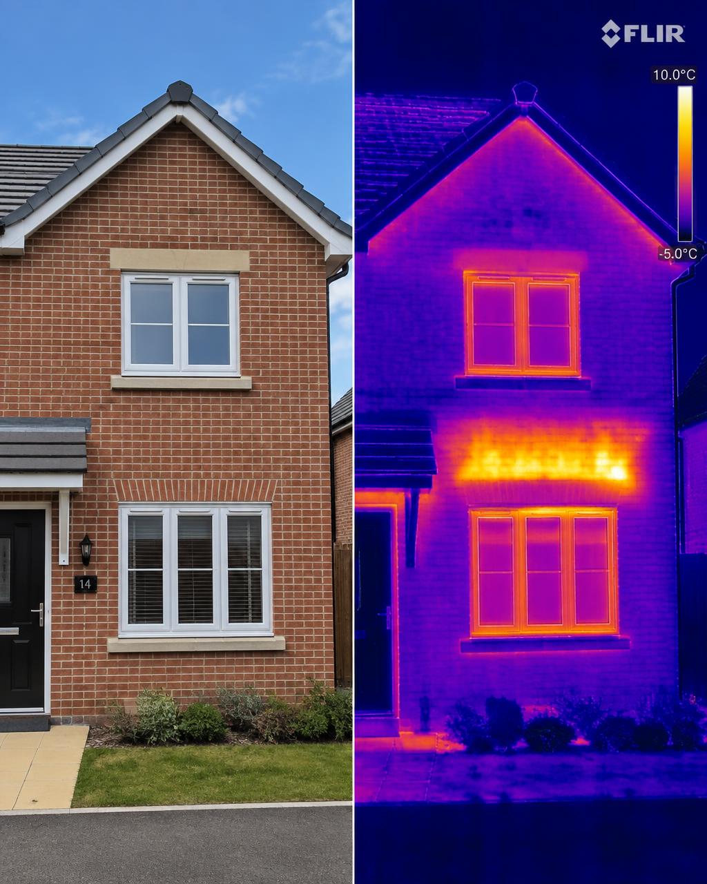 Split view of a new-build brick facade beside its FLIR thermal scan showing missing cavity insulation